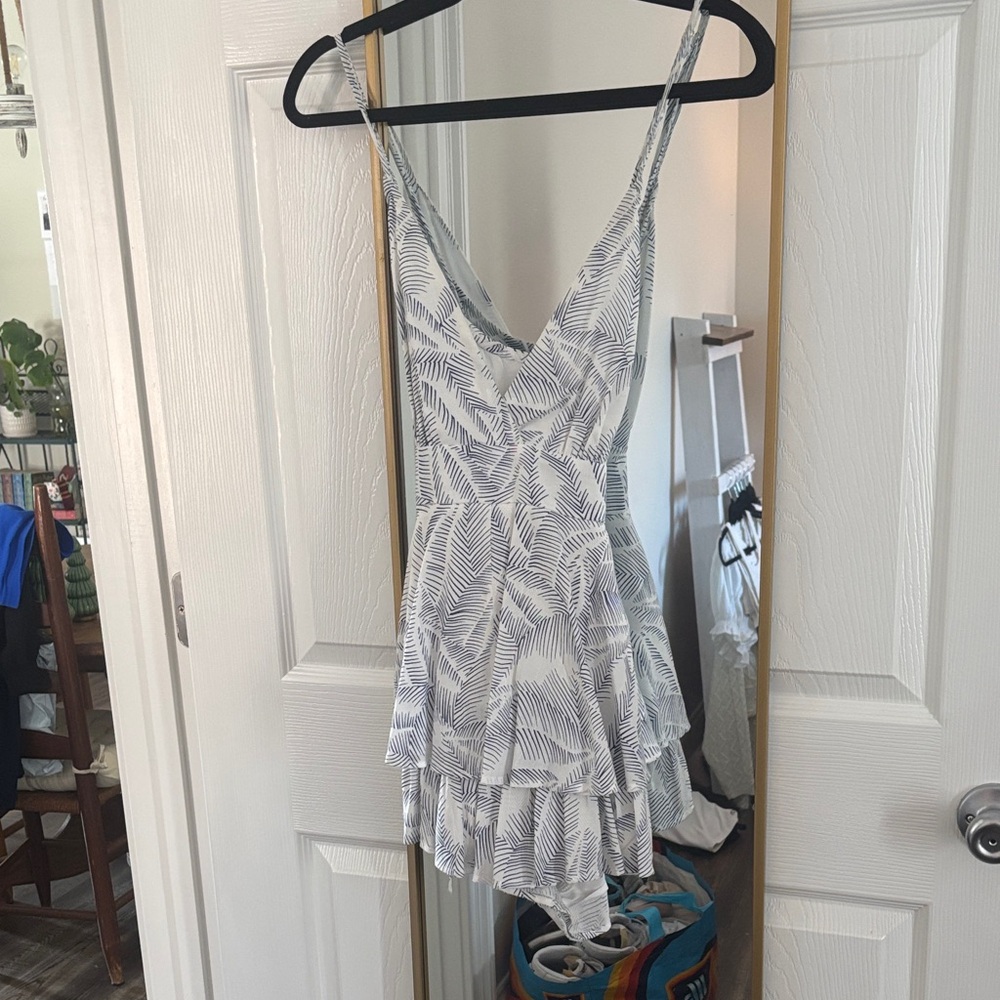 Elegant White and Blue Leaf Print Romper